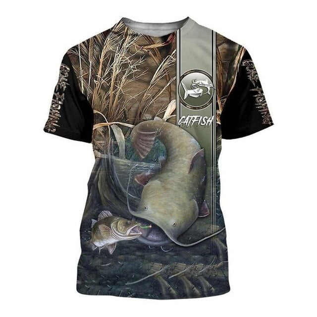 Men's Casual Polyester Fishing Scene T-Shirt