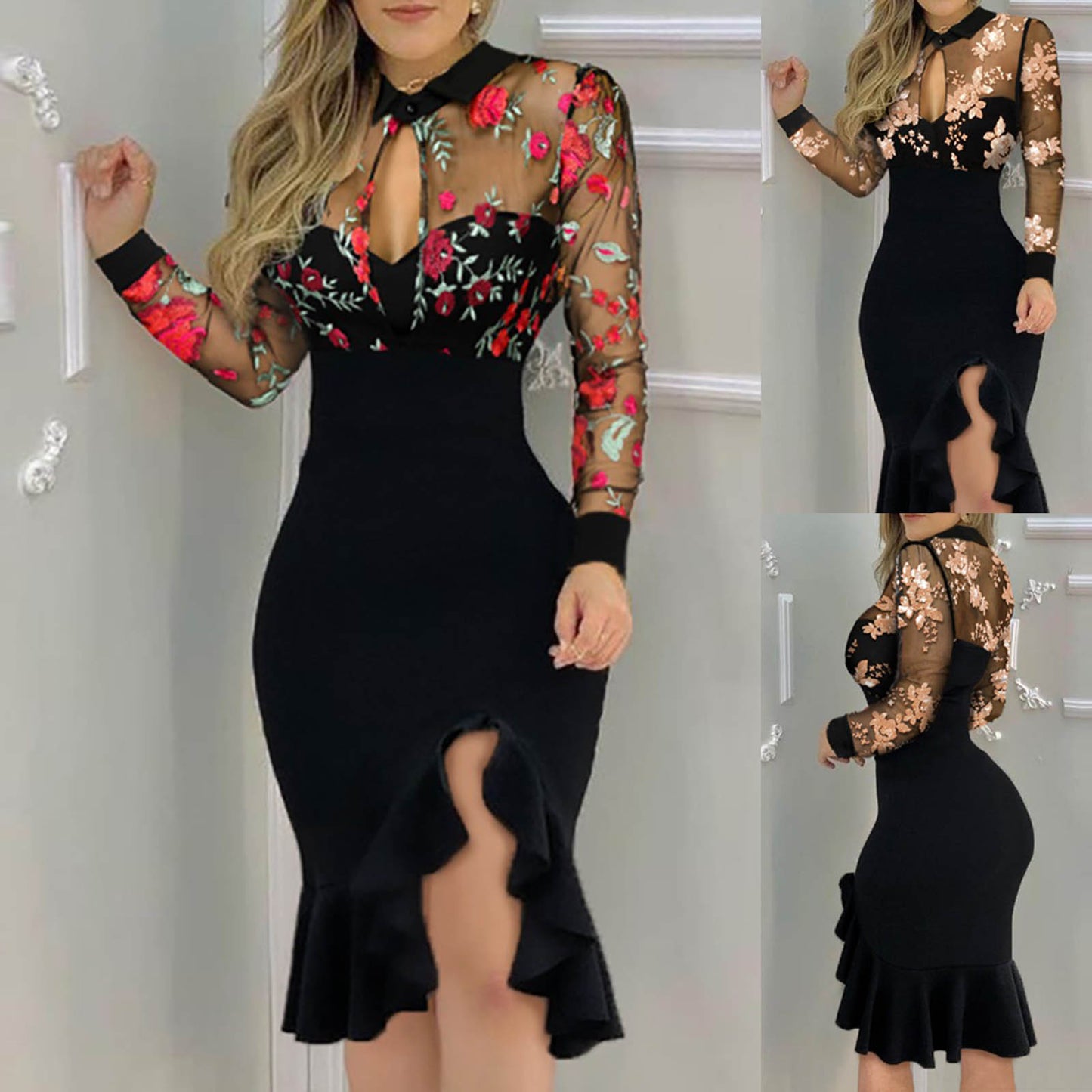 Women's Floral Ruffle Dress with Long Lace Sleeves