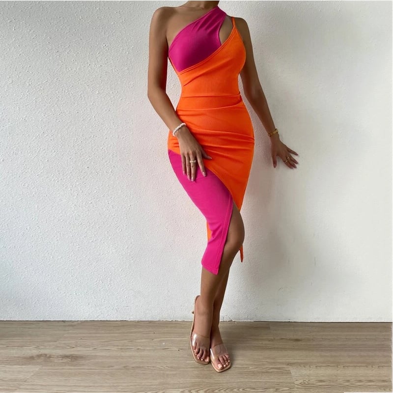 Irregular Splicing Dress with Slanted Shoulder Slit