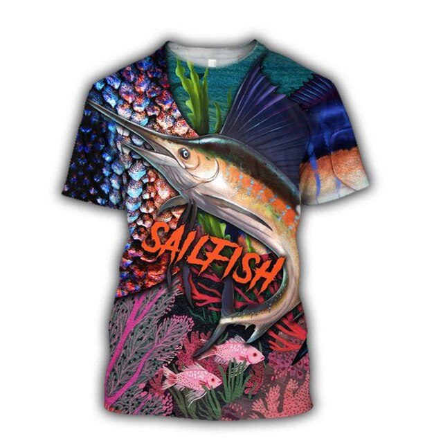 Men's Casual Polyester Fishing Scene T-Shirt